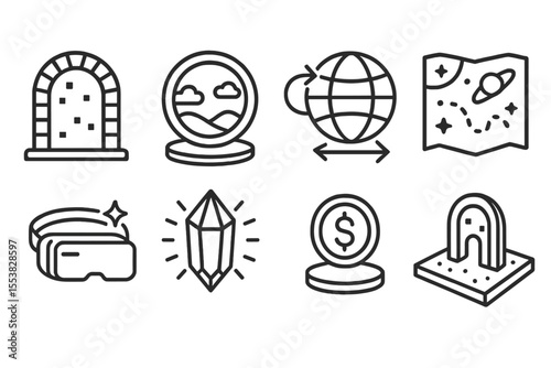 Blockchain Gaming Icons. Line style icons of blockchain gaming (GameFi): metaverse gateway icon, portal to world badge, realm
