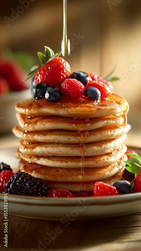 Stack of golden pancakes topped with fresh berries and maple syrup being poured over, creating a mouthwatering breakfast scene full of color and sweetness.