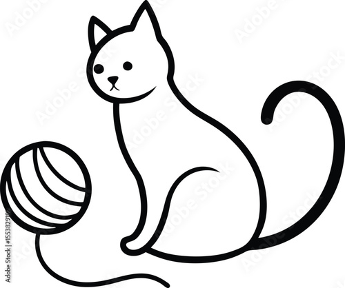 cat playing with a yarn ball minimal black outli