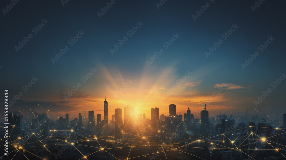 Obraz premium Smart city with connection network reciprocity over the cityscape social media networking systems that connects on the peak of success amid tall, innovative Smart city and graphs with statistics