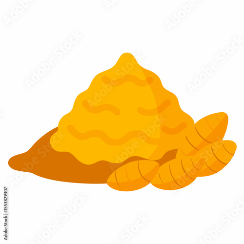 Turmeric powder heap and fresh turmeric root food vector on white background.