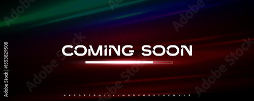 Coming soon interface with glowing progress bar. Futuristic digital typography for tech promo, website launch, app loading page, UI UX design. Bold urban font, techno alphabet. Vector illustration