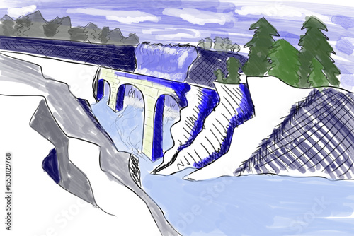 Hand drawn illustration of a mountainous landscape with a stone bridge over a river. Marker drawing. Stone bridge over a river. High mountains and a waterfall in the background.