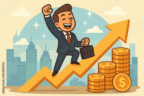 Business success concept of a happy cartoon man on a growth arrow chart. Metaphor for financial profit, investment return, career achievement, and market triumph. Vector manager.