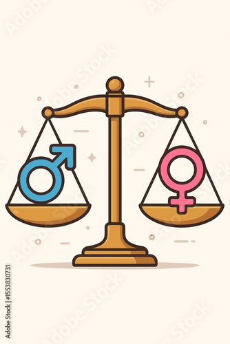 Gender equality concept with male and female symbols on balancing scales of justice. Man and woman icons in perfect balance. Social issue of equal rights and non-discrimination.