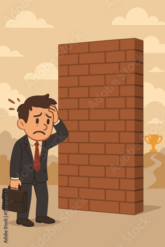Career roadblock concept. Frustrated businessman facing a brick wall, an obstacle to success. Metaphor for professional challenge, business problems, crisis, limitation, and dead end.