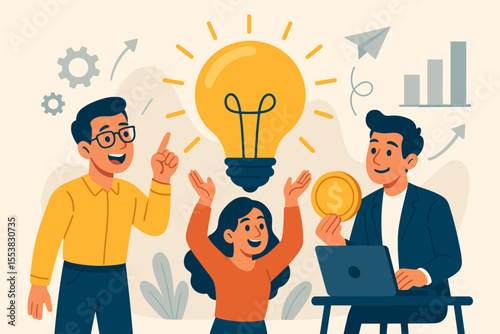 Creative business idea and solution concept. Teamwork and collaboration for startup innovation. People turning ideas into profitable ventures with investment and financial strategy.