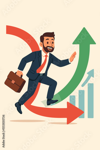Business pivot concept with agile businessman changing direction. Manager adapts strategy, moving from crisis to growth. Arrow graph shows success and recovery. Vector illustration.