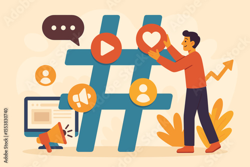 Social media marketing strategy concept. Man with hashtag symbol managing digital content for engagement and growth. SMM, promotion, brand awareness with likes, views and reach icons.