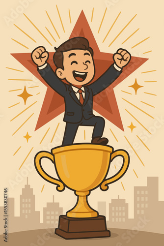 Successful businessman character standing on a big golden trophy. Happy manager celebrating business achievement and victory. Leadership and career success concept. Retro vector art.