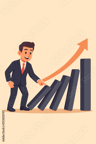 Business leader triggering a domino effect. Metaphor for a chain reaction, cause and effect. Strategic action and smart investment leading to business growth, profit, and financial success.