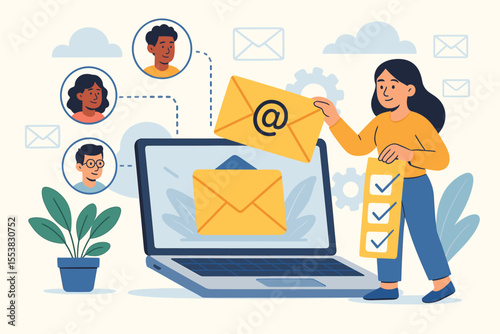 Email marketing campaign concept. Woman sending newsletters and building an effective mailing list for business communication. Lead generation and customer subscription vector illustration.