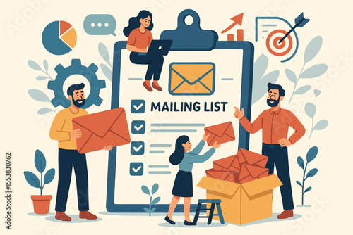 Email marketing concept. People building a mailing list for business communication and newsletter campaigns. Customer database, lead generation, and subscriber growth strategy.