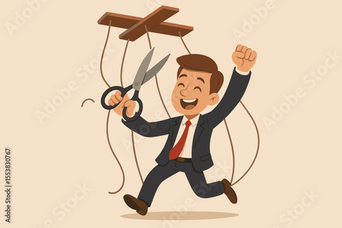 Businessman puppet cutting strings for freedom. Metaphor for breaking free from control and manipulation. Employee escaping micromanagement for independence, autonomy and liberation.