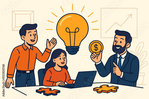 Business team collaboration turning bright ideas into profitable solutions. Creative innovation and teamwork for financial success. Startup investment, strategy, and growth concept.