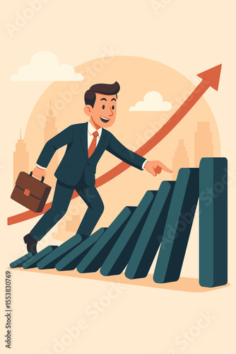 Business leader triggering a domino effect for success. Metaphor for chain reaction, cause and effect, and strategic planning. Concept for growth, influence, and corporate market impact.