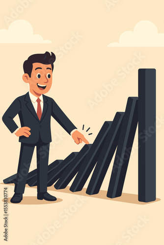 Business leader triggering a domino effect, a metaphor for a chain reaction. Concept of cause and effect, strategic influence, and leadership. Man starting a process for success. Vector.