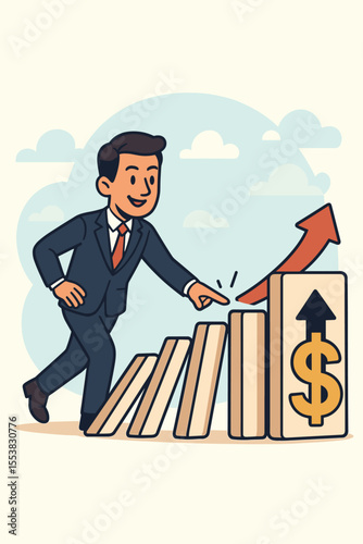 Businessman triggering a domino effect for financial growth. Metaphor for business strategy, cause and effect, and investment success. A chain reaction leads to profit and money.