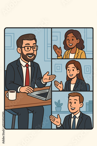Team of diverse business people on a video conference call. Manager with colleagues on a virtual meeting screen. Online communication, remote work and webinar concept. Vector.