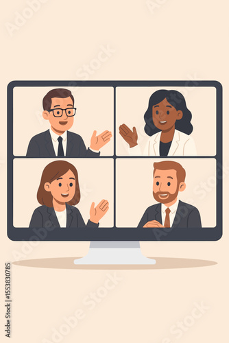 Video conference call with a diverse business team. Colleagues in an online meeting discussing project on computer screen. Remote work, virtual collaboration, communication concept.