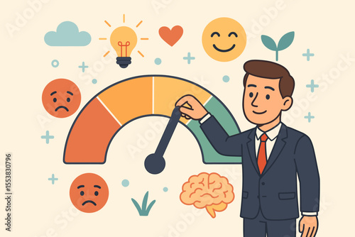 Emotional intelligence concept. Businessman regulating mood from negative to positive on a scale. Mental health, positive mindset, self-control for personal growth and wellbeing.