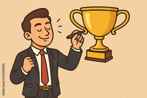 Create your own success concept. Confident businessman draws a golden trophy award. Metaphor for positive mindset, visualization, ambition, and goal achievement. Vector cartoon.