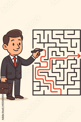 Businessman solving a maze puzzle, a concept for business strategy and problem-solving. Man finding a solution to a labyrinth challenge, drawing the correct path to success and goal.