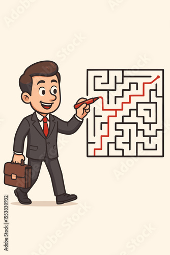 Cartoon businessman solving a complex maze. Concept of business strategy, problem-solving, and finding a clear path to success. Vector illustration of leadership and innovation.