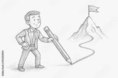 Businessman drawing a path to a mountain peak goal. Concept of creating your own way to success. Career ambition, business strategy, and achievement metaphor. Hand-drawn pencil sketch.