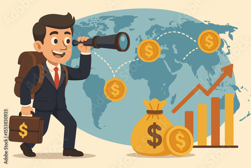 Businessman exploring global investment opportunities for financial success and profitability. Cartoon character with telescope on world map with money, coins, and growth chart.