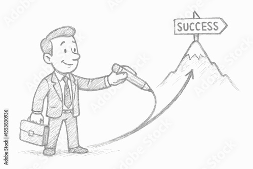 Businessman drawing a line to a success goal on a mountain top. Pencil sketch concept of career path, planning strategy, and achievement. Vector cartoon illustration of a man creating his own way.