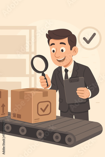 Quality control inspector manager checking product box on factory conveyor belt. Man with magnifying glass and clipboard for assurance and compliance. Logistics and supply chain concept.