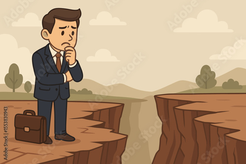 Business challenge metaphor. Worried businessman at a cliff edge facing a chasm. Concept for obstacle, risk, crisis, and problem-solving. Man thinking about a career strategy.