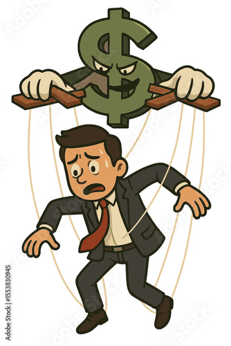 Slave to money concept. Businessman puppet controlled by an evil dollar character. Metaphor for capitalism, greed, debt, financial pressure, manipulation and economic crisis. Cartoon.