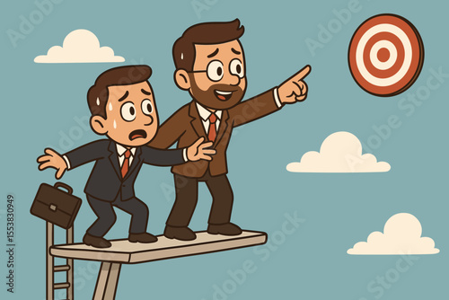 Leadership and mentorship concept. Confident manager pushing anxious employee from a diving board towards a target. Metaphor for risk, overcoming fear, and career opportunity.