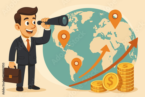 Businessman with spyglass looking at globe for global investment. Concept of international business expansion, financial growth, and market opportunities. Vector cartoon illustration.