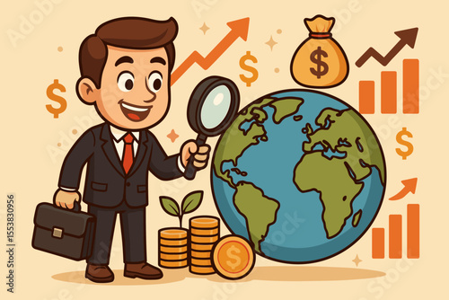 Businessman with magnifying glass explores global investment opportunities. International finance concept with world globe, money, and profit growth chart. Cartoon vector illustration.