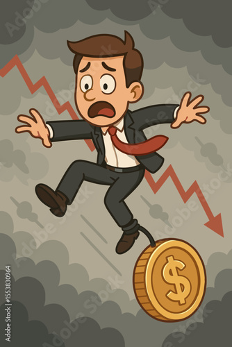 Economic crisis vector cartoon. Scared businessman falling down, dragged by a heavy dollar coin weight. Metaphor for financial debt, bankruptcy, recession, and business failure.