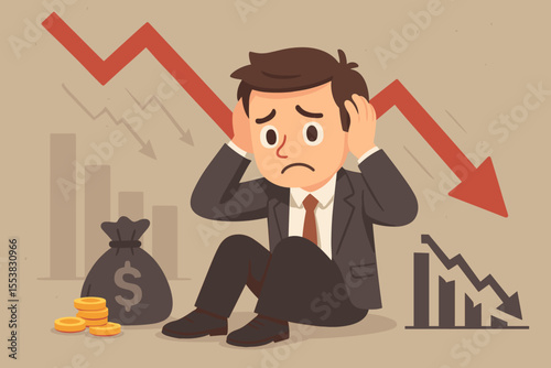 Businessman financial crisis concept. Stressed manager in despair over economic recession and investment failure. Stock market crash, bankruptcy and loss with falling arrow chart.