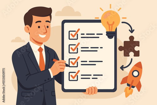 Businessman holding checklist for project management. Startup business success concept. Development stages from idea to launch. Problem solving, strategy and implementation.