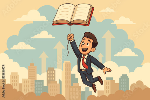 Businessman flying on a book balloon is a metaphor for career growth and education. Concept of knowledge leading to success, advancement, and opportunity over a city with growth arrows.