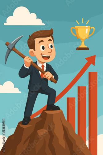 Businessman climbing a mountain with a pickaxe to achieve success. Metaphor for career growth, ambition, and reaching goals. Vector cartoon illustration with rising graph and trophy.