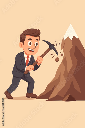 Businessman with pickaxe breaking mountain rock. Business metaphor for overcoming challenges, obstacles. Concept for achieving career goals, success, persistence, determination.