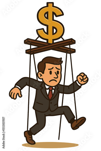 Businessman puppet controlled by a money dollar sign. Metaphor for capitalism, corruption, and greed. Financial manipulation and corporate control concept. Slave to money cartoon vector.