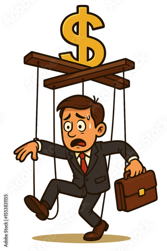Businessman puppet on strings controlled by a money dollar sign. Concept of capitalism, corporate corruption, financial slavery, greed, and manipulation. Stressed marionette character.
