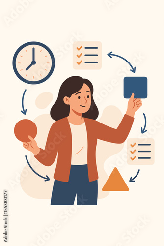 Time management concept. Businesswoman character organizing work process. Project planning, multitasking, productivity, and deadline. Effective task management and workflow vector.