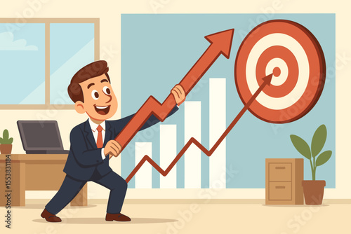 Businessman raising an arrow chart to the target goal. Business success, financial growth, and sales strategy concept. Man boosting performance and achieving career ambition. Vector cartoon.