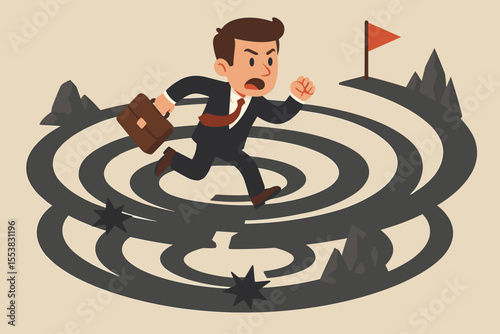 Career path metaphor. Businessman running in maze. Concept of challenge, obstacle, trap. Corporate rat race. Struggle for success. Reaching goal. Business problems. Vector illustration.