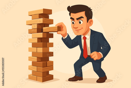 Businessman strategically playing a wooden block game. A business metaphor for risk management, careful planning, corporate growth, and stability. Vector cartoon illustration.