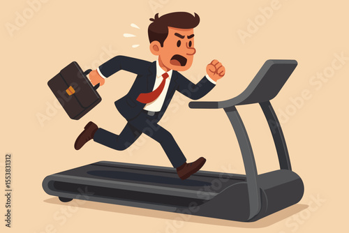 Businessman running on a treadmill, a metaphor for the corporate grind and rat race. Stressed employee trapped in a futile, endless loop of work, pressure, and career burnout.